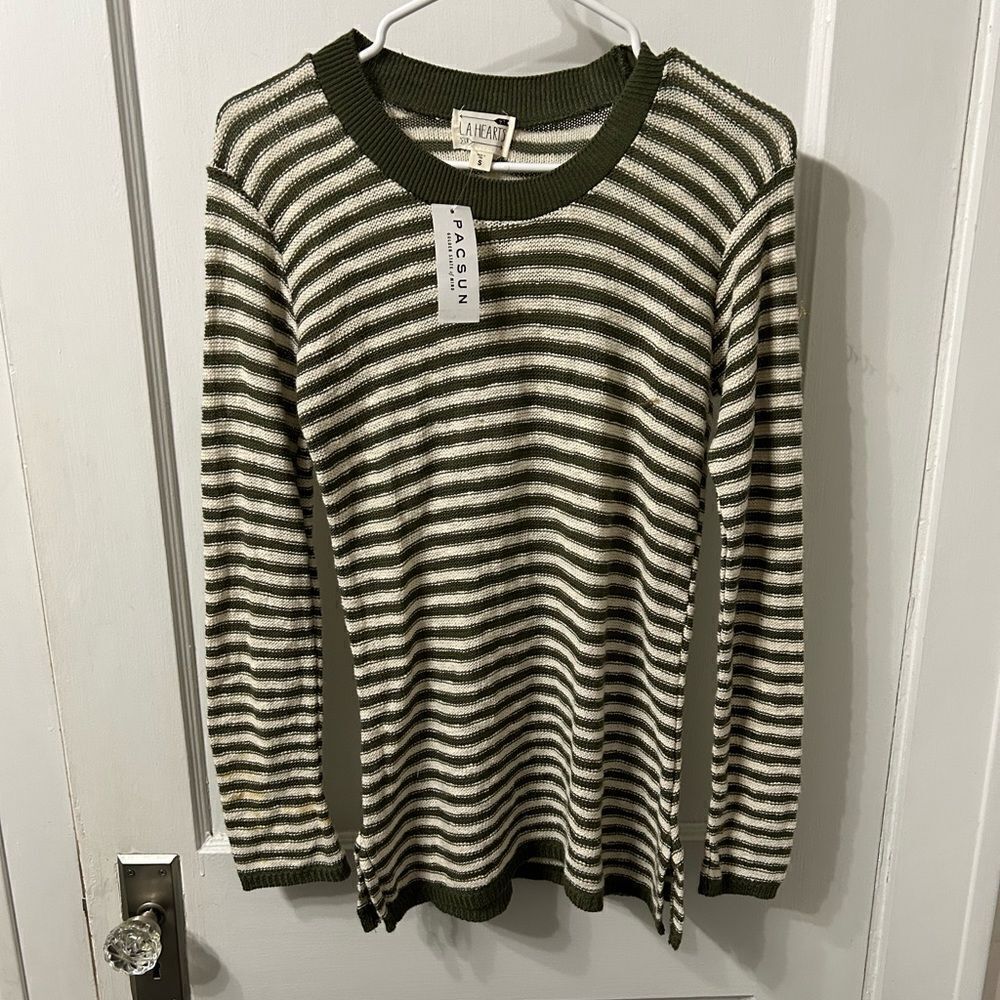 PacSun Green and White Striped Sweater